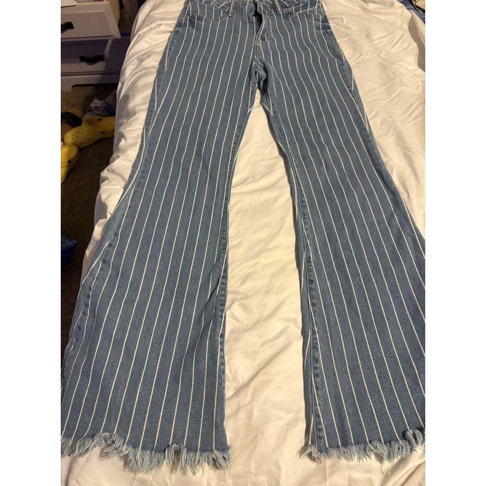 Cello Womens Pinstripe Flare Jeans Light Wash Frayed Hem Blue White 07/08 240